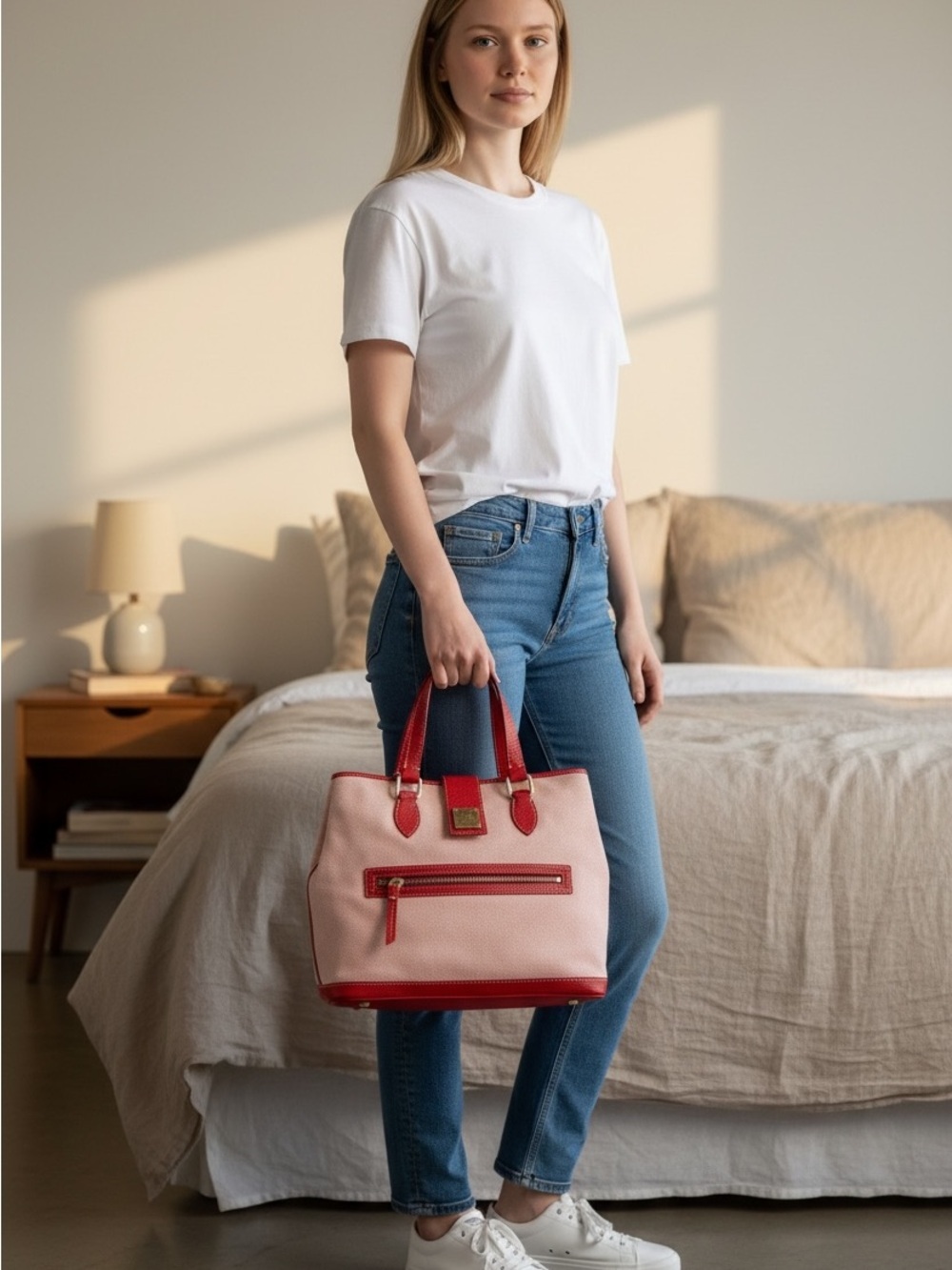 Vintage Dooney & Bourke Red Leather-Trim Canvas Tote